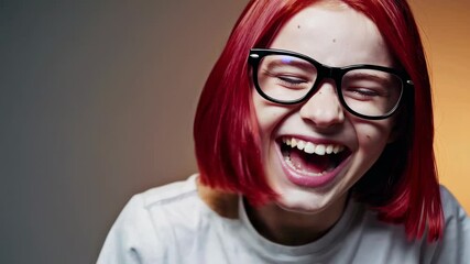 Joyful redhead laughing with big glasses against orange glow - Powered by Adobe