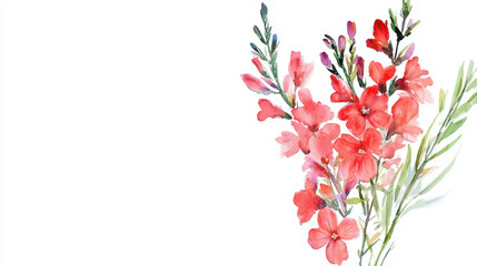 Watercolor botanical illustration of vibrant red flowers, showcasing delicate petals and lush greenery, evokes sense of beauty