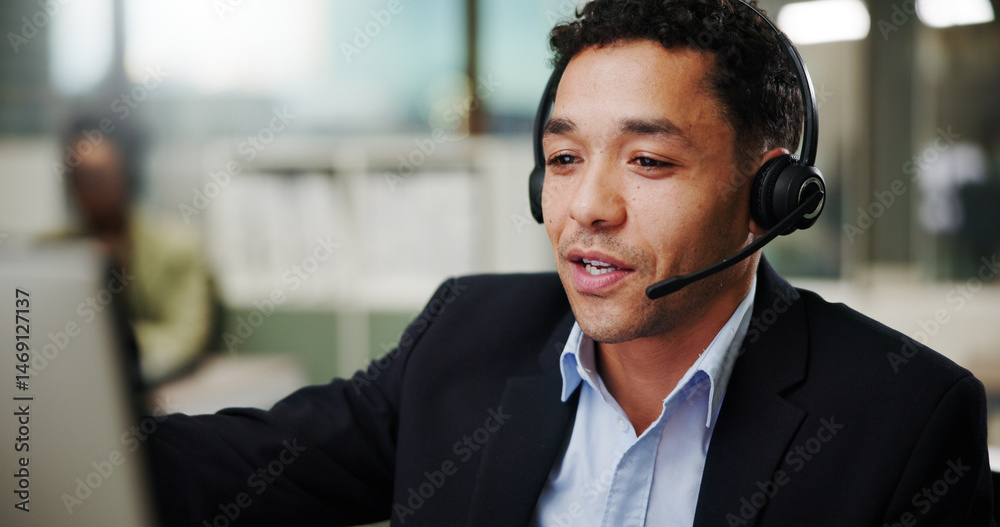Aufkleber Man, call center and computer in office with talking, communication or telecom agency. Contact us, customer service headset and CRM help desk with support, advice and male agent in coworking space