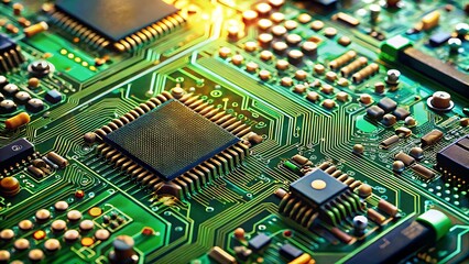 Obraz premium Closeup of Circuit Board Microchip Technology Green Electronic Components Computer Hardware