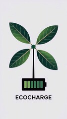 Ecocharge: image shows a stylized battery from which a stem grows with four green leaves, symbolizing eco-friendly energy and charging, with the word "ECOCHARGE" below