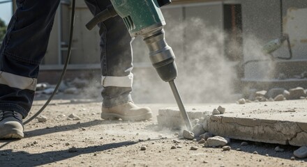 Construction Worker Using Jackhammer on Concrete Surface  