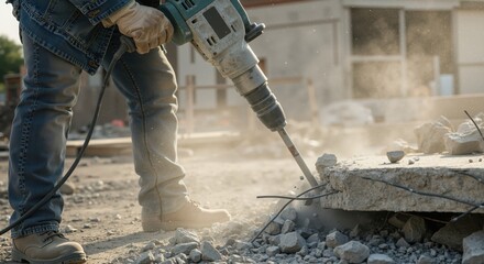 Construction worker using jackhammer to break concrete on site  