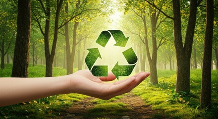 Hand holding glowing recycle symbol in forest