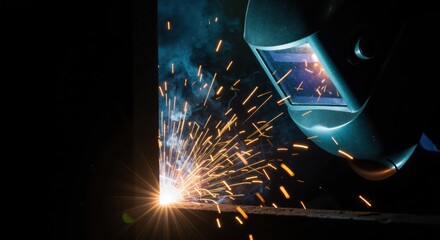 Welder working with sparks flying in dark workshop  