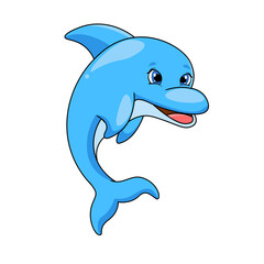 Obraz premium A cute blue cartoon dolphin, a marine mammal, jumps from the ocean water, a illustration of sea life