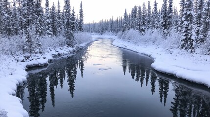 Snowy river reflects snow-covered trees.