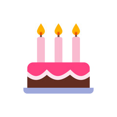 Illustration of a three layered cake with pink frosting and three candles with burning flames on top of it