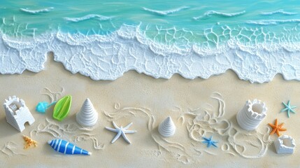 Obraz premium Beach scene; sandcastles, seashells, starfish, ocean wave.