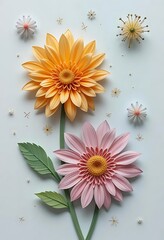 Elegant Floral Arrangement Featuring a Vibrant Yellow Gerbera Daisy and a Delicate Pink Gerbera Daisy on a Clean White Background Offering a Fresh Aesthetic