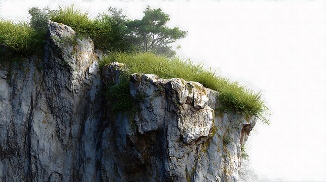 Large rocky cliff with cracks and patches of grass on the top on transparent background .