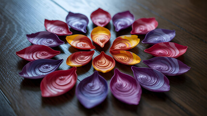 Colorful Paper Petal Mandala on Wooden Surface
