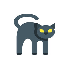 Illustration of a stylized black cat with yellow eyes and a curled tail standing upright on a white background