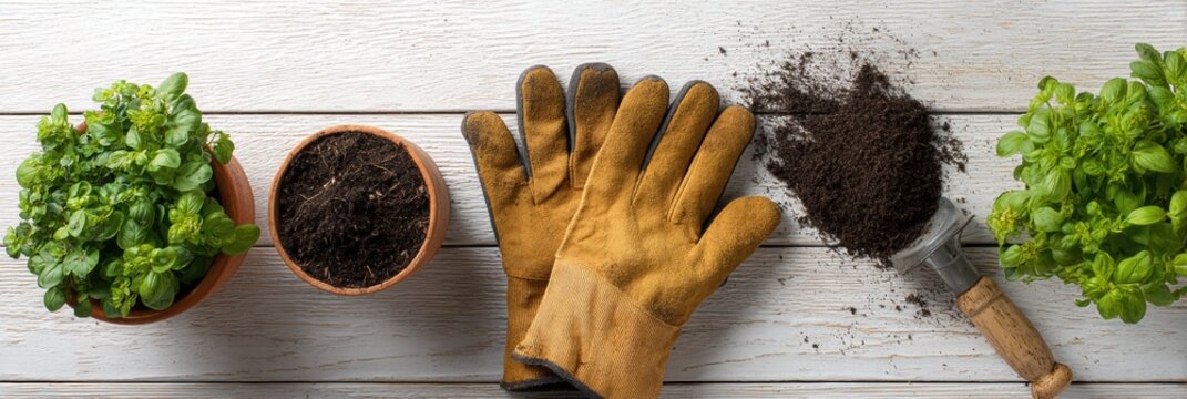 Gardening Tools and Fresh Potting Soil Ready for Planting Herbs in a Home Garden During Springtime Generative AI