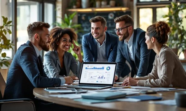 Business Team Analyzing Data on Laptop in Modern Office