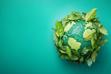 Earth covered in green leaves on a teal background symbolizing sustainability, environmental care, and a greener future
