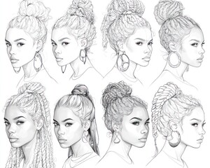 Various hairstyles showcased on a young woman with intricate designs and expressions