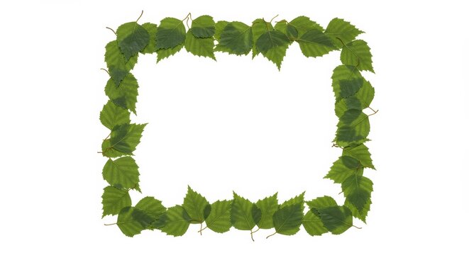 Botanical frame with natural green birch leaves on white background for text