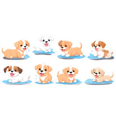 Naklejka premium Cute Puppies Playing in Water