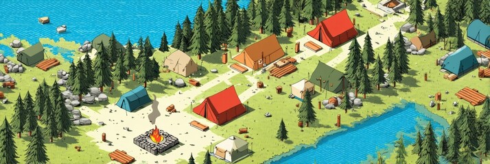 Isometric View of a Vibrant Camping Ground With Tents, Bonfire, and Serene Lake During a Sunny Day Generative AI