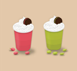Colorful Dessert Drinks with Whipped Cream and Cookies in Red and Green Cups with Berries Isolated on Beige Background