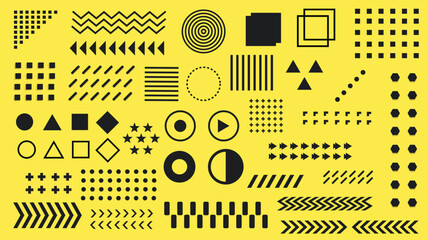 Geometric Abstract Elements in Black on Yellow Background Isolated Vector Set