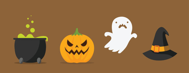 Halloween Elements on Brown Background – Pumpkin, Ghost, Witch Hat, and Cauldron