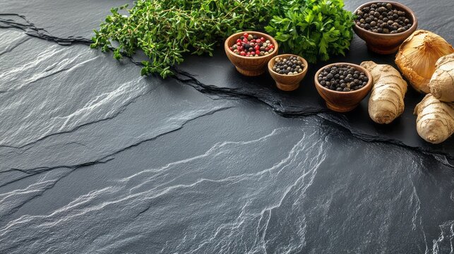 Fresh herbs and spices arranged on dark stone. - Powered by Adobe