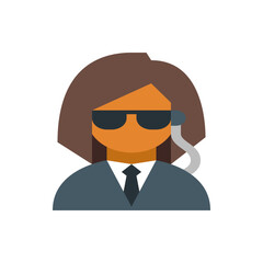 Illustration of a woman with brown hair wearing sunglasses and a suit with a tie and earpiece device