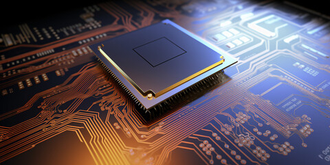 Abstract illustration of a computer chip labeled "AI", symbolizing artificial intelligence, smart computing, and futuristic technology.

