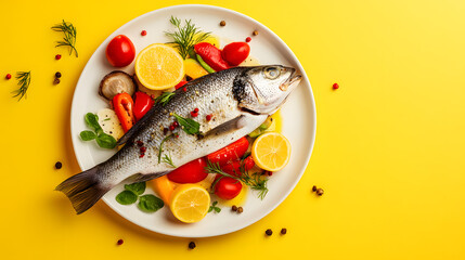 Beautifully arranged plate of cooked fish, garnished with fresh vegetables and herbs, laid out against a vibrant yellow background.
