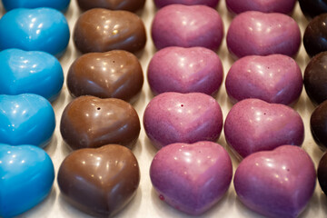 Famous Belgian chocolate candies on display in confectionery shop in Bruges, Belgium