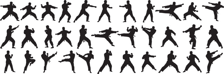 A collection of karate silhouettes in various poses, showcasing martial arts techniques and stances on white