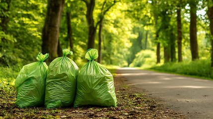 Conceptual image for World Environment Day. Three green compostable trash bags filled with waste on park pathway outdoors. .