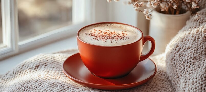 Tasteful beverage presentation with maroon coffee cup and foam on matte saucer in soft lighting and cozy ambiance
