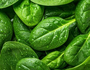 Custom AI Model Background from fresh green spinach leaves with water drops. Texture of raw organic