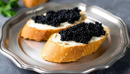 Custom AI Model Baguette slices with cream cheese and black caviar Black caviar on silver vintage