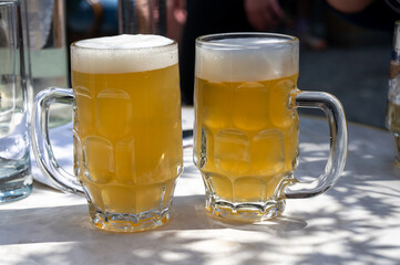 Belgian beer in glasses in old brewery in Bruges, light or dark, tasty beverage, lunch with beer, tourist destination, Flanders, Belgium