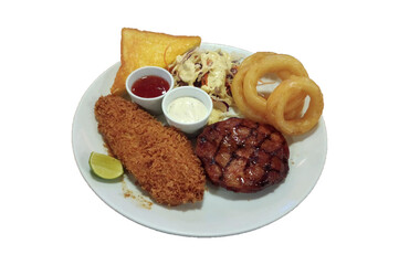 Steak combo with salad and onion ring on white background.