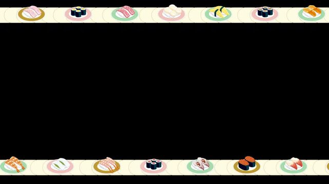 上下にに様々な種類のお寿司が流れるレーンのベクターイラストフレーム動画(Sushi Conveyor Belt Vector Frame Animation &ndash; Top & Bottom Version)