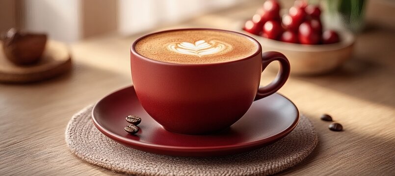 Tasteful beverage presentation with maroon coffee cup and foam on matte saucer in soft lighting and cozy ambiance
