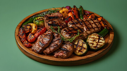 Large wooden platter showcasing a variety of grilled meats and vegetables.  The platter is presented against a muted green background. © Trubus