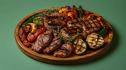 Large wooden platter showcasing a variety of grilled meats and vegetables.  The platter is presented against a muted green background. © Trubus