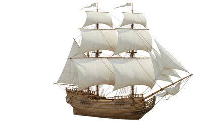 Isolated Three-Masted Sailing Ship with White Sails