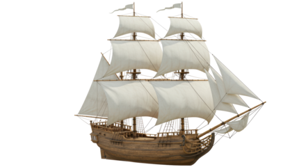 Isolated Three-Masted Sailing Ship with White Sails