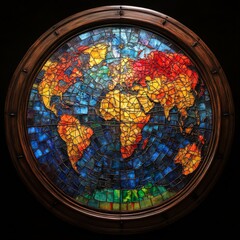 Fototapeta premium A Stained Glass World: Circular Mosaic Depiction of Earth's Continents and Oceans Framed by a Rustic Wooden Ring - A Unique Artistic Geography.