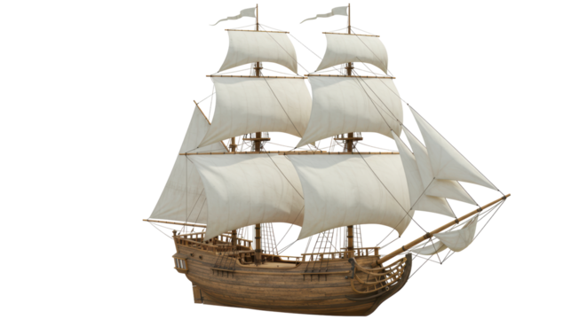 Isolated Three-Masted Sailing Ship with White Sails