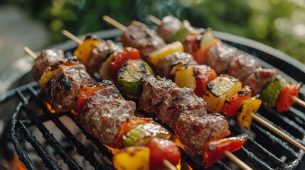 Grilled skewers of meat and vegetables cooking over hot coals.