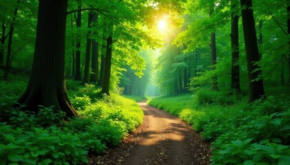 Obraz premium A winding path through a lush forest, sunlight dappling the leaves , woodland, natural, light