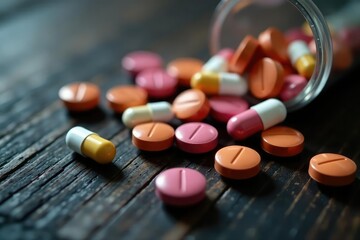 Close-up of colorful pills scattered on a dark wooden surface A concept image for pain relief and medication , dispense, capsules, healing